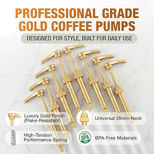 PERMINKS Premium Coffee Syrup Pump Dispenser, Compatible with Torani, Skinny & Davinci Bottles, Precise 1/4 oz Flow, Lockable Leak-Proof Design for Coffee Bar Accessories & Essential (8-Pack, Gold)
