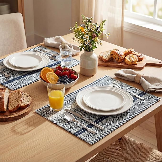 Artoid Mode Dark Blue Farmhouse Woven Braided Stripe Placemats Set of 4,12x18 Inch Seasonal Holiday Table Mats Party Kitchen Dining Decoration