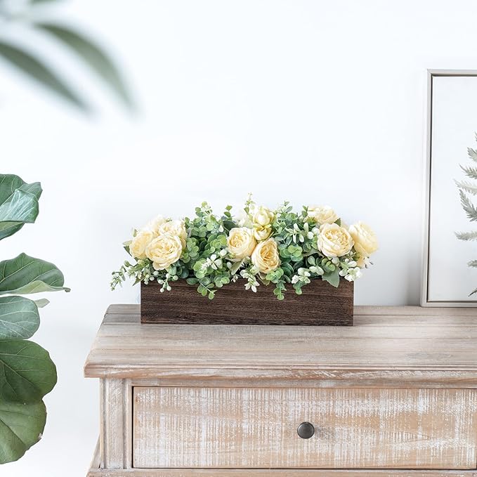 Dahey Centerpiece Table Decorations for Dining Room Farmhouse Table Centerpieces Decor Wood Tray with 3 Artificial Flowers and 2 Eucalyptus for Living Room Kitchen Table, 14.1" x 4.7" x 3.1"