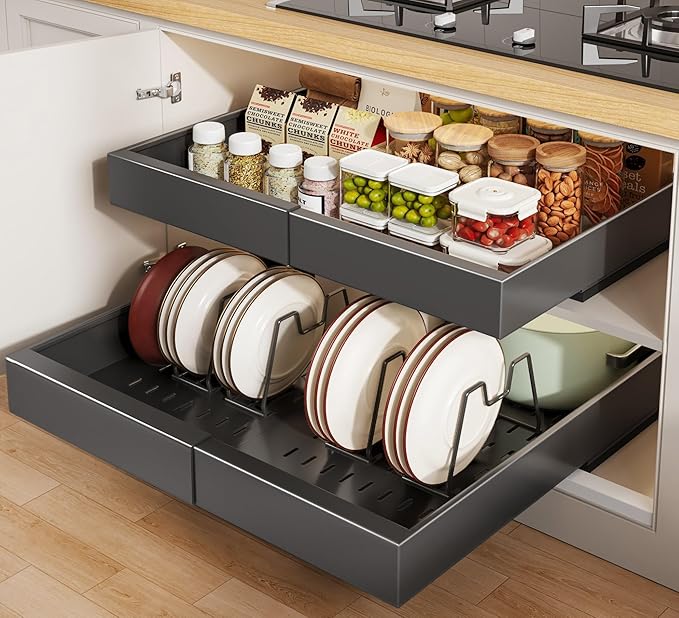 Seinloes 2 Pack Pull out Cabinet Organizer 21"Deep With Raising Pad for Framed Cabinets, Expandable Slide out Drawers for Kitchen Cabinets with 4pcs Divider Racks, Roll out Shelves 12.1"-20.4" W Black