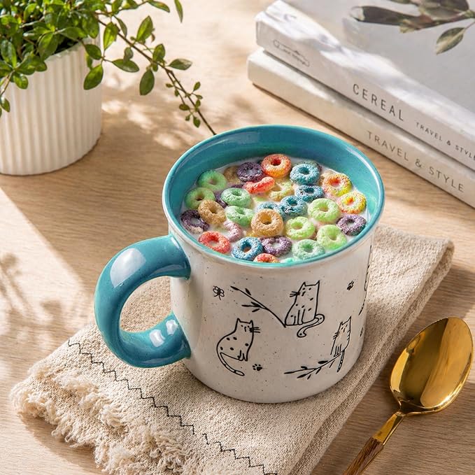 AmorArc 22 OZ Large Ceramic Coffee Mugs Set of 2, Oversized Mugs With Big Handle for Men Women Dad Mom, Big Mug With Textured Dogs Cats Patterns for Office & Home -Microwave Safe, 2 Pcs-Blue