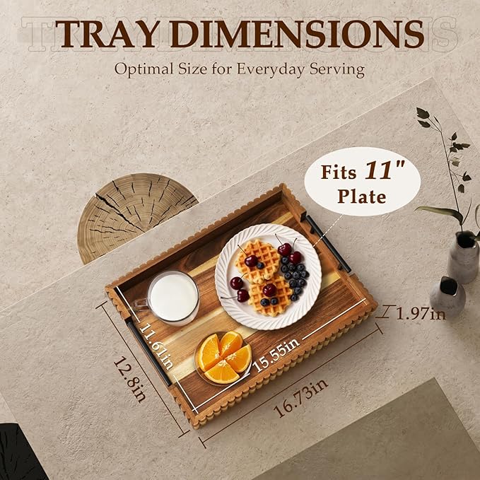 Acacia Wood Decorative Serving Tray with Handles, 16.7" x 12.8" Large Wooden Ottoman Tray for Living Room, Coffee Table Tray Decor for Food, Dinner, Tea or Breakfast in Bed (Natural)