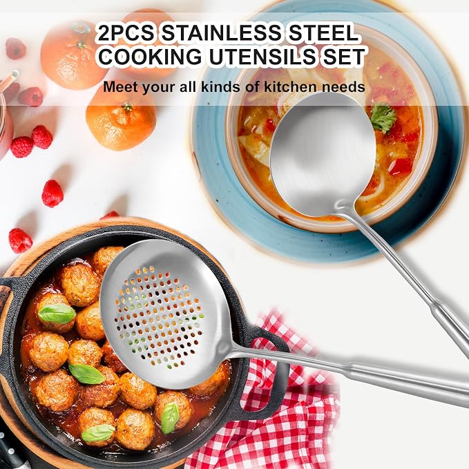 2PCS 18/10 Stainless Steel Ladle and Slotted Spoon, Soup Ladle and Strainer Spoons, Wok Utensils for Cooking, Stirring, Soup, Sauce, Dishwasher Safe