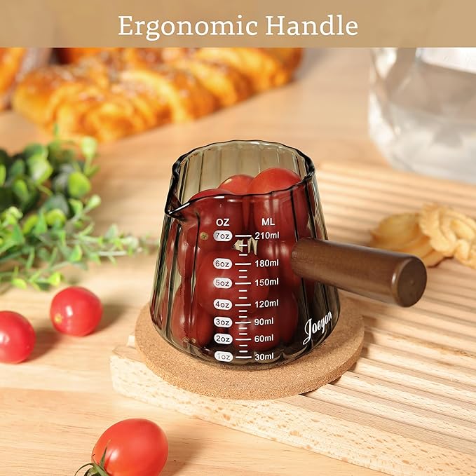 Joeyan 7 oz Espresso Cups, Glass Measuring Cup, Espresso Shot Cup with Spout and Wood Handle, Gray Espresso Shot Glass, Ribbed Milk Frothing Pitcher, Espresso Machine Coffee Bar Accessories