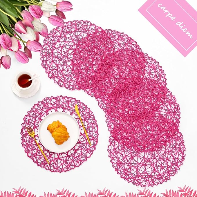 IcosaMro Rosy Round Placemats Set of 6 for Dining Table, 15 Inch Paper Woven Boho Decorative Circle Place Mat for Wedding Christmas Thanksgiving Day Holiday Dinner, 15 Inch, Rosy