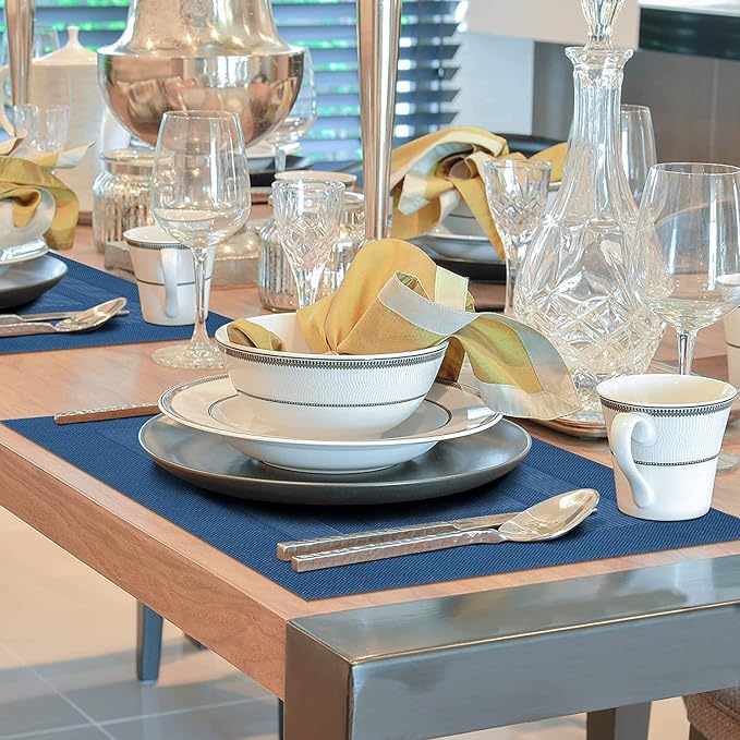 Winknowl Placemats for Dining Table Set of 8 Waterproof, Woven Place Mats for Kitchen Table Vinyl Heat Insulation Stain Resistant Placemats (Navy Blue)