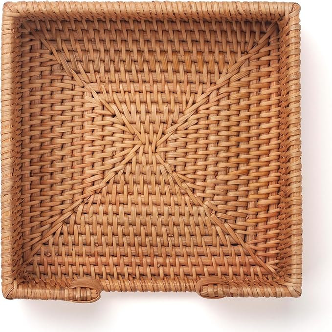 Rattan Napkin Holder Square Woven Flat Napkin Basket Tray for Tables 7.5" x 7.5" x 2.5"