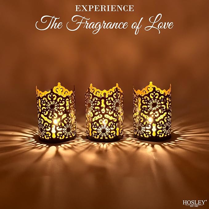 Hosley Set of 3 Black Metal Candle Holders 4 Inch High - Lattice Cut Lanterns for Table Centerpiece, Wedding, Home Decor, Indoor Outdoor