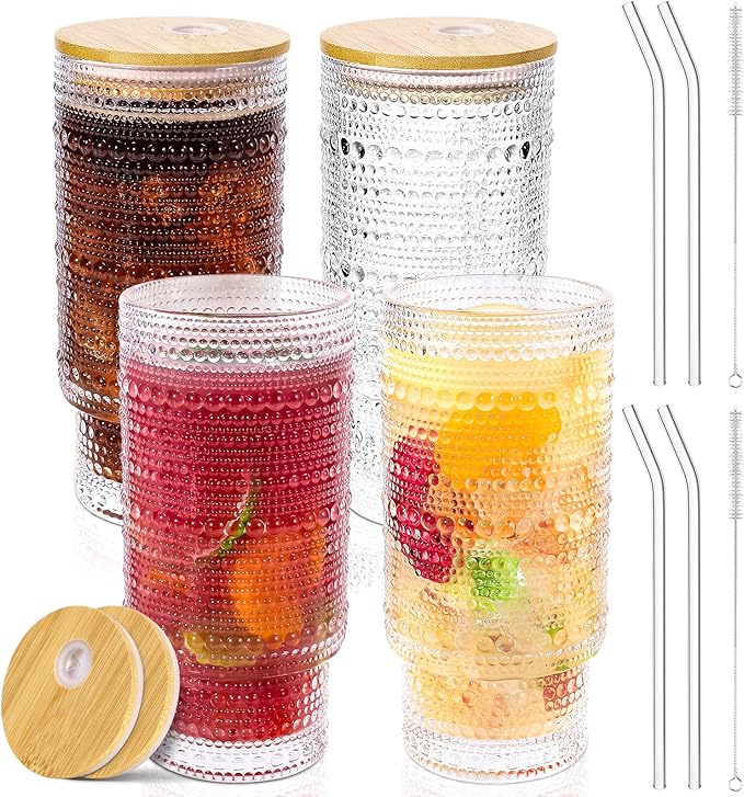 CWHHRN 16 Oz Glass Cups with Lids and Straws, Vintage Embossed Glassware for Whiskey Cocktail Beer, Iced Coffee Cup with Lid, Glass Tumbler (4 PACK)
