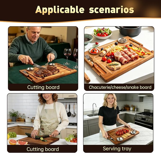 2 Set Acacia Wood Steak Plates Board with Knife Fork Ramekins,Knife-Friendly Food Serving Tray Deep Juice Groove Charcuterie Meat Cutting Boards for Dinner BBQ Party Restaurant & Housewarming Gifts