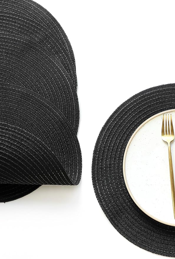 Floroom 15 Inch Round Braided Placemats Set of 6, Washable Heat Resistant Cotton Polyester Circle Place Mats for Kitchen Dining Table - Black