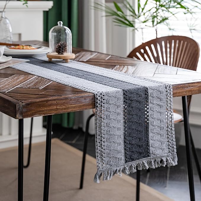 Macrame Table Runner Grey Boho Table Runners with Tassels Hand Woven Cotton Table Runner Rustic Farmhouse Table Runners for Bohemian Kitchen Dining Table(12x95in)