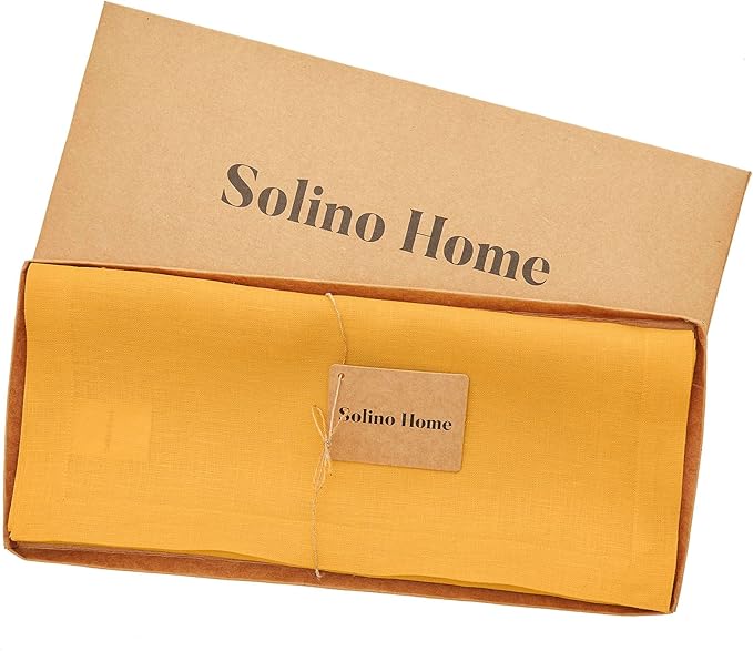 Solino Home Linen Table Runner 48 Inches - 100% Pure Linen Tangerine Yellow Table Runner 14 x 48 Inch Ideal for Dresser and Coffee Tables, Spring, Summer - Fete