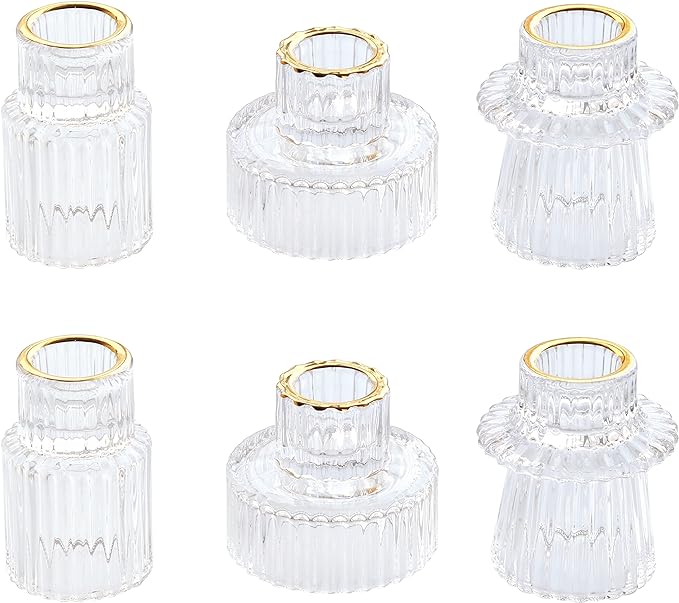 Vixdonos Taper Glass Candlestick Holders Tealight Candle Holders for Table Centerpieces, Wedding Decor and Dinner Party (6 Pcs, Gold Rim Clear)