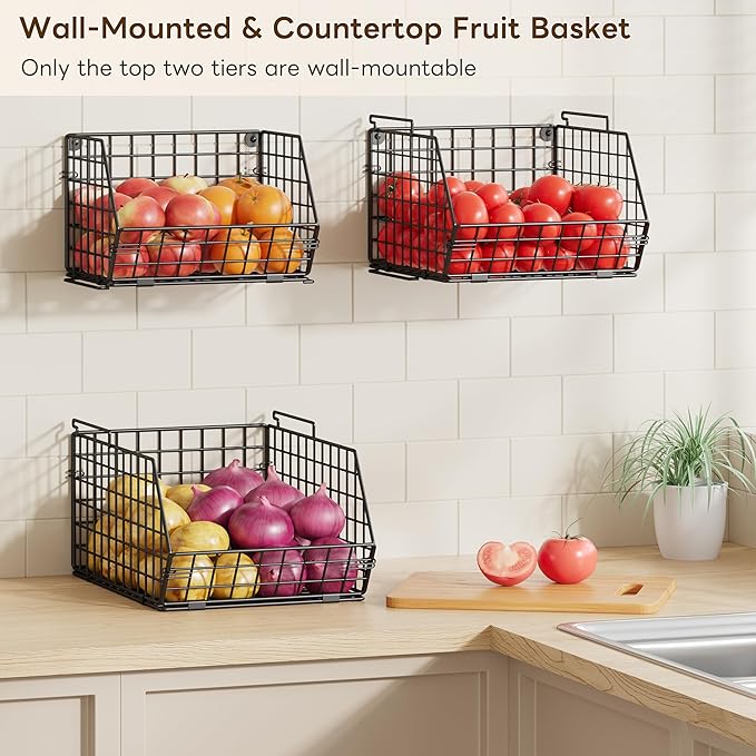 3-Tier Stackable Wire Baskets for Counter, Fruit and Vegetable Storage, Potato and Onion Storage Bin，Kitchen Pantry Organizer - Wall Basket for Produce/Snack/Can, Black