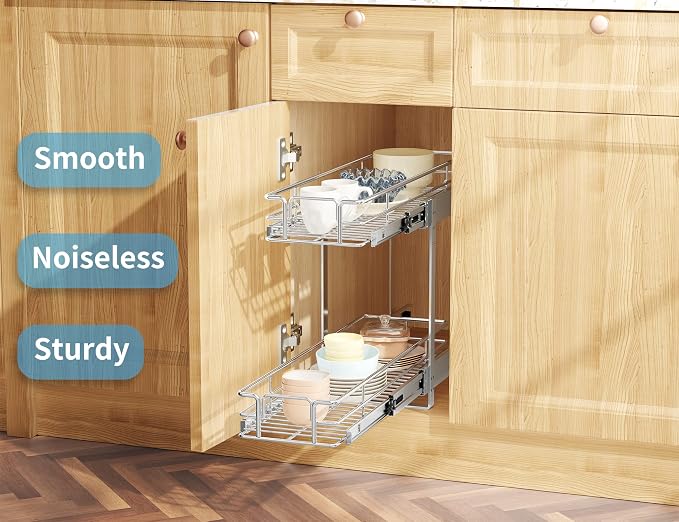 LOVMOR Individual Pull Out Cabinet Organizer, 2 Tier Slide Out Cabinet Drawers, Pots and Pans Organizer and Storage Pantry Shelf for Kitchen (9" W x 21½" D)