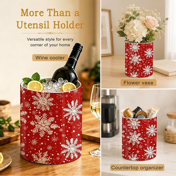 Snowflakes Kitchen Utensil Holder,Christmas Large Ceramic Utensil Crock Organizer for Spatulas,Spoons and Cooking Tools,Kitchen,Home Decoration 6.3"