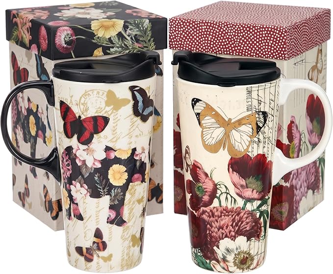 Topadorn Set of 2 17oz Ceramic Travel Mugs with Lids, Vintage Butterfly & Floral Coffee Cup Set, Spill Resistant Microwave & Dishwasher Safe Mug Set