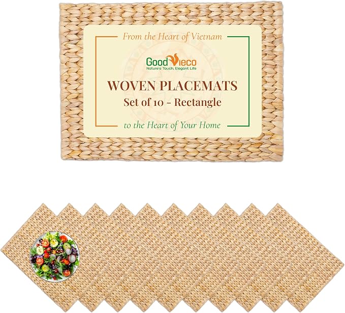 Woven Placemats Set, Handcrafted Water Hyacinth Round Rattan Place Mats for Dining Table, Natural Boho Wicker Farmhouse Table Decor, Indoor Outdoor Chargers (10, Rec - 17x14in)