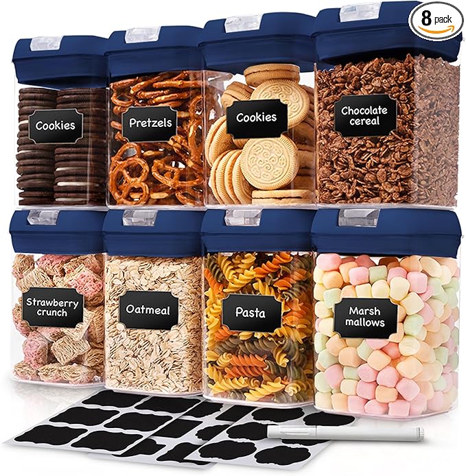 Set of 8 Airtight Food Storage Containers - Pantry Organizer Bins, BPA Free Plastic Containers plus Dry Erase Marker and Labels, Navy