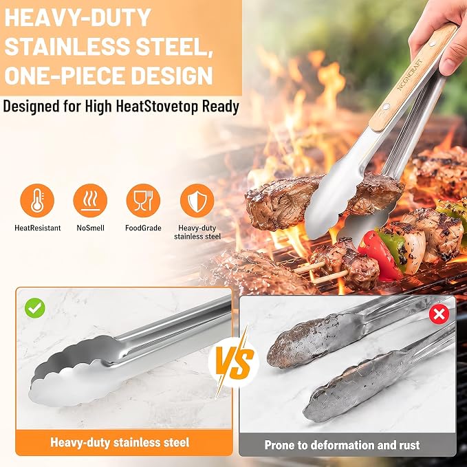 9+12 inch Stainless Steel Kitchen Tongs for cooking with Wood Handle, Set of 2