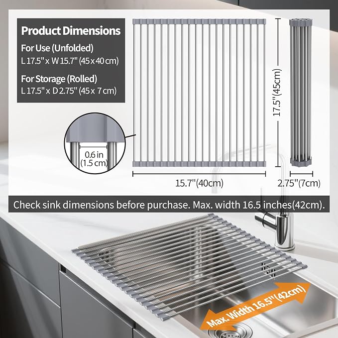 Roll Up Dish Drying Rack, 17.5" x 15.7", Sink Drying Rack for Kitchen, Gray