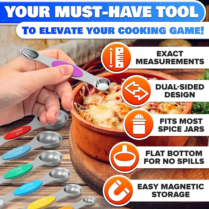 8 Pcs Magnetic Measuring Spoons Set Stainless Steel – Magnet Measuring Spoons 1/8 Tsp–1 Tbsp with Dual-Sided Design – Fits Narrow Spice Jars | Dry & Liquid Ingredients | Kitchen Ladle Gift Ideas