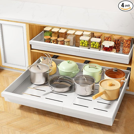 Pull out Cabinet Organizer, 4-Pack Expandable(13.6"-24") Silde out Drawers with Raising Pad for Framed Cabinets, Adjustable Full-Extension Adhesive Roll out Shelves for Kitchen Pantry Home Pot and Pan