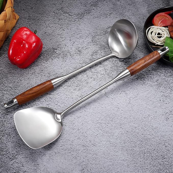 Wok Spatula & Ladle Tool Set, AOOSY 304 Stainless Steel Cooking Utensils, Wooden Handle Wok Utensils Soup Ladle, 15 Inches, Set of 2