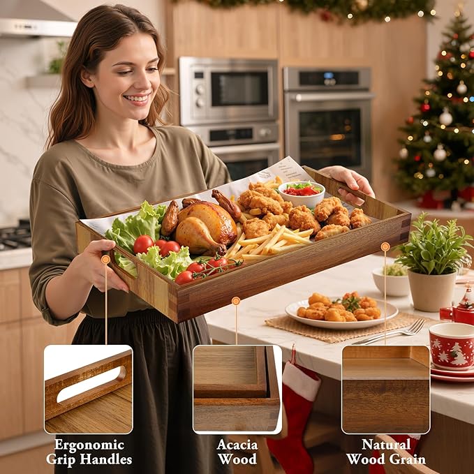 Serving Trays - 2 Pack, Acacia Wood Serving Platters with Ergonomic Handles, Versatile Rustic Decorative Trays for Breakfast, Brunch, Dinner, Coffee Table, Party, Kitchen-L