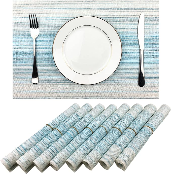 Placemat,Blending Color Durable Woven Vinyl Placemat Washable Heat-Resistant Anti-Skid Kitchen Dining Table Mats (Set of 8, Blue with White)