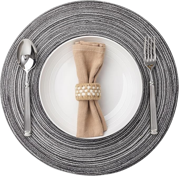Round Placemats Set of 6 Woven Placemats Washable Braided Table Mats for Dining Table Heat Resistant Non-Slip Circle Place Mats(Mixed Gray)