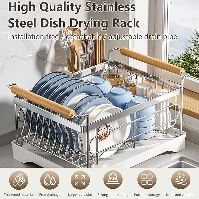 Stainless Steel Dish Drying Rack,304 Grade Rustproof Dish Rack for Kitchen Counter with Drain Board & Detachable Holder (Small:16.5 * 7 * 7inch)
