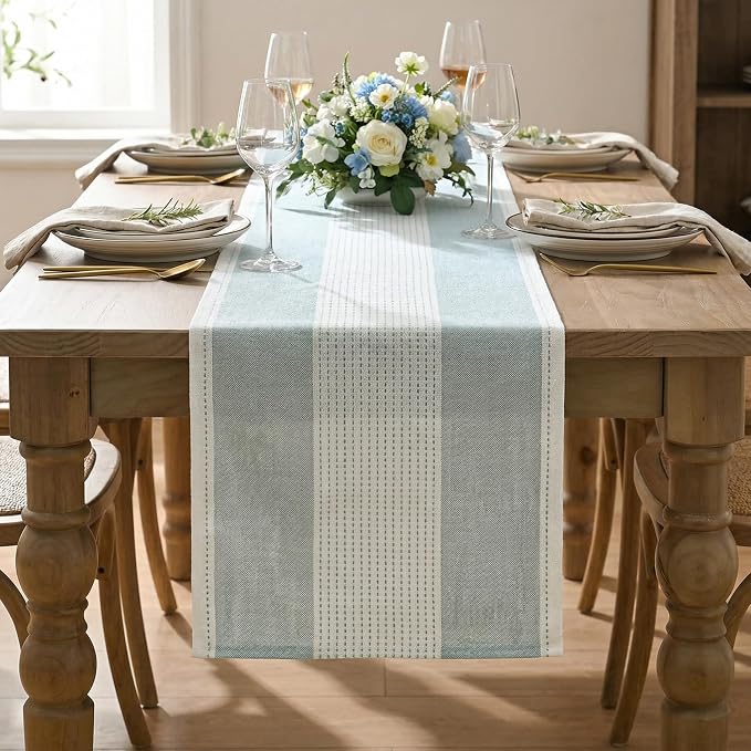 Artoid Mode Ice Blue Farmhouse Rustic Table Runner, Seasonal Macrame Fabric Kitchen Dining Holiday Wedding Table Decor for Home Party 13x60 Inch