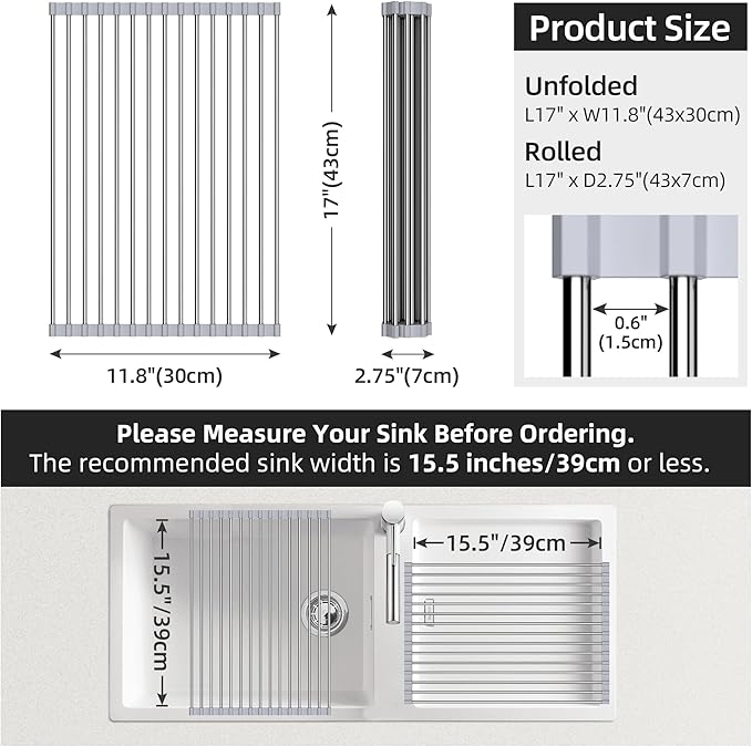 Over Sink Dish Drying Rack, 17" L x 11.8" W, Roll Up Dish Drying Rack for Kitchen, Gray
