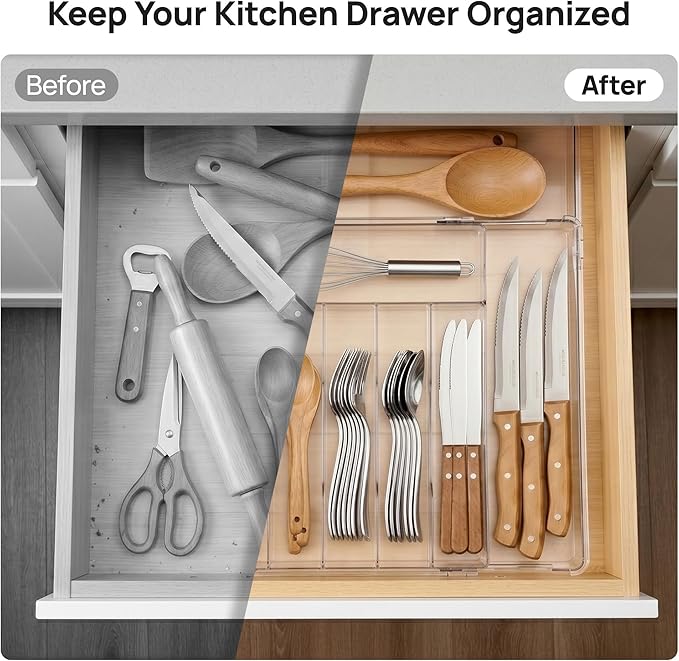 Vtopmart Expandable Silverware Organizer, Clear Plastic Food-Safe Cutlery Flatware Organizer, Kitchen Utensil Drawer Organizer, Adjustable Silverware Holder for Spoons Forks Knives, (6-9 Slots)