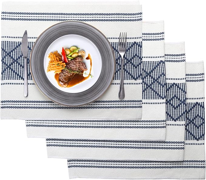Elegant Thick placemats for Dining Table Decor Farmhouse Heat Resistant Table Place mats Set of 4 Quality Woven Cloth Placemats Washable Dinner mats (Navy Blue, 4)