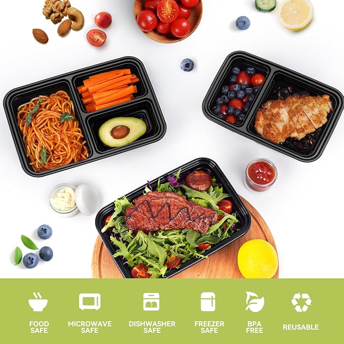 LISI 100-Piece Meal Prep Containers, 33oz Large Food Storage Containers with lids with 1, 2, 3-Compartment, Freezer Safe To-Go/Take-Out Boxes, Includes 5-Pack 2oz Dressing Cups for Take Out