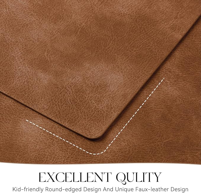 MOSAYT Vinyl Placemats Set of 4-12 X 17 Inch - Faux Leather 100% Waterproof Oil-Proof Wipeable PU Place Mats, Heat Resistant Reversible Table Mats for Kitchen, Dining, Outdoor, Reddish Brown