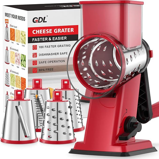GDL Rotary Cheese Grater Hand Crank - Upgraded Cheese Shredder with 4 Interchangeable Blades, Rotary Grater with Non-slip Suction Base, Easy to Clean Kitchen Grater Slicer Grinder for Vegetable Nuts