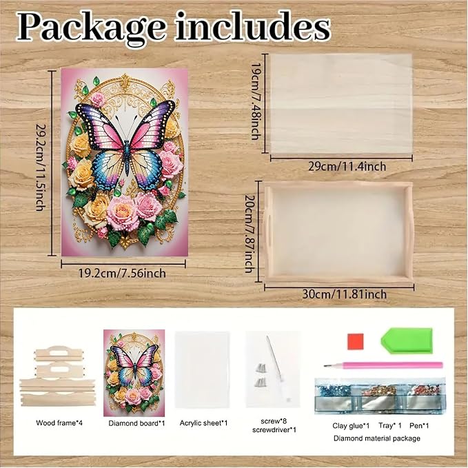 BAYUNOE DIY Diamond Serving Tray Rectangular Breakfast Tray with Handle Handmade Diamond Art Painting Wooden Tray Spring Creative Dinner Plate Coffee Room Living Home Organizer-Rose Butterfly