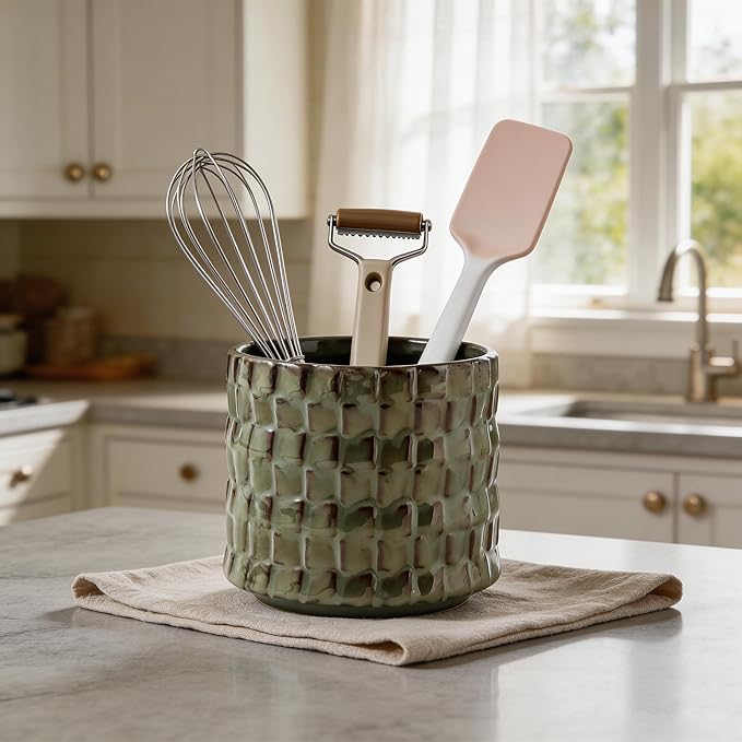 Utensil Crock Kitchen Utensil Holder, 5 Inches Small Ceramic Utensil Holder for Countertop, Unique Embossed Checkered Pattern, Seaweed Green Cooking Utensil Crocks for Kitchen, Home Decor Gift