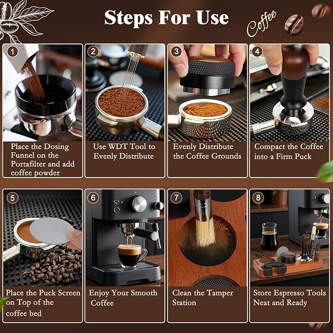 8 PCS Espresso Accessories Kit, 51mm Espresso Tamper Kit Coffee Tamper Set with Coffee Distributor, Espresso Tamping Station, WDT Tool, Dosing Funnel, Fits Delonghi 51mm Portafilter