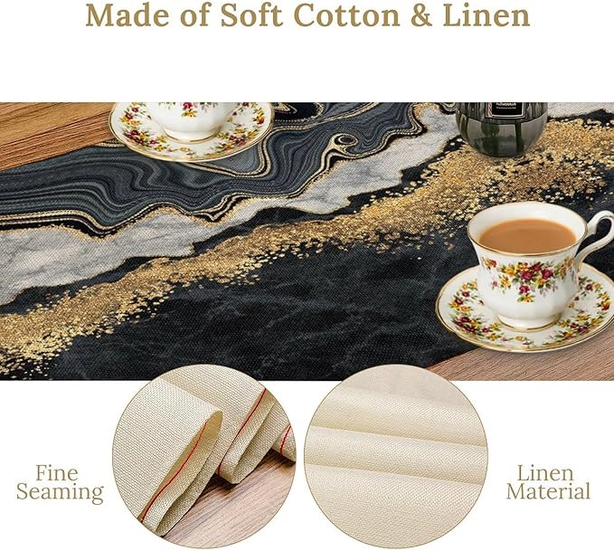 Marble Table Runner, Modern Luxury Foil Cracked Texture Black Gold Marble Printed Linen Table Runners for Kitchen Living Room Farmhouse Dining Room Party Home Decor 13" W x 90" L