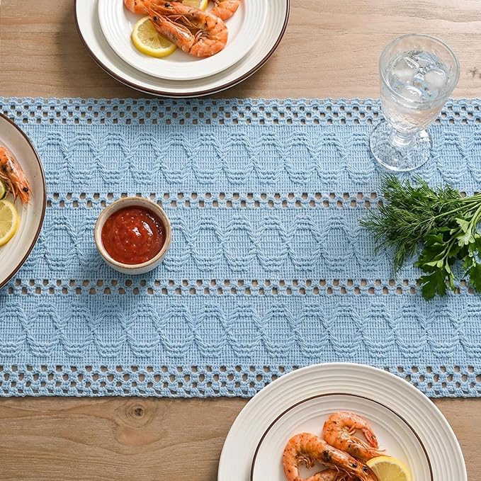 Artoid Mode Sky Blue Farmhouse Woven Rustic Hollow Table Runner, Seasonal Holiday Hollow Kitchen Dining Table Decoration for Home Party Decor 12x72 Inch
