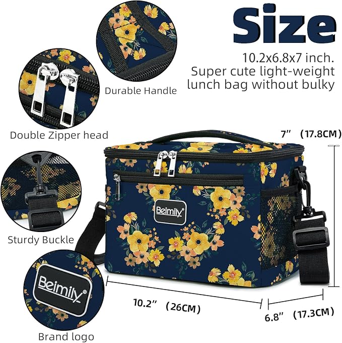 BEIMILY Lunch Box for Men/Women, Small Insulated Lunch Bag, Leak-Proof Soft Cooler Tote Bag, Reusable LunchBox for Work, Travel,Picnic with Adjustable Shoulder Strap for Adults(floral yellow)