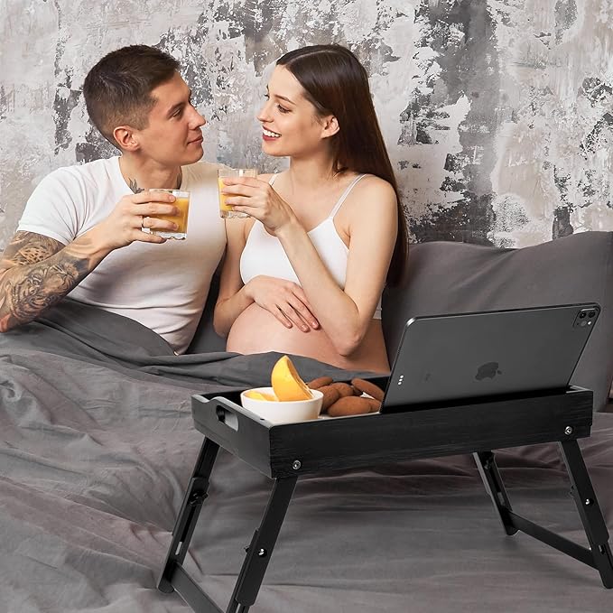 Greenual 2 Pack Bed Tray Table with Handles Folding Legs, Bamboo Breakfast Food Tray with Media Slot, Use As Platter, Laptop Desk, Snack, TV Tray Kitchen Serving Tray(Black)