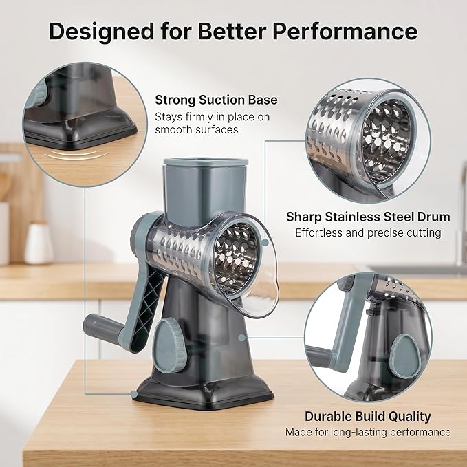 Rotary Cheese Grater Hand Crank, Cheese Shredder Stainless Steel with 3 Interchangeable Blades, Manual Food Grater and Shredder, Potato Shredder, Vegetable Cutter, Countertop Suction Base