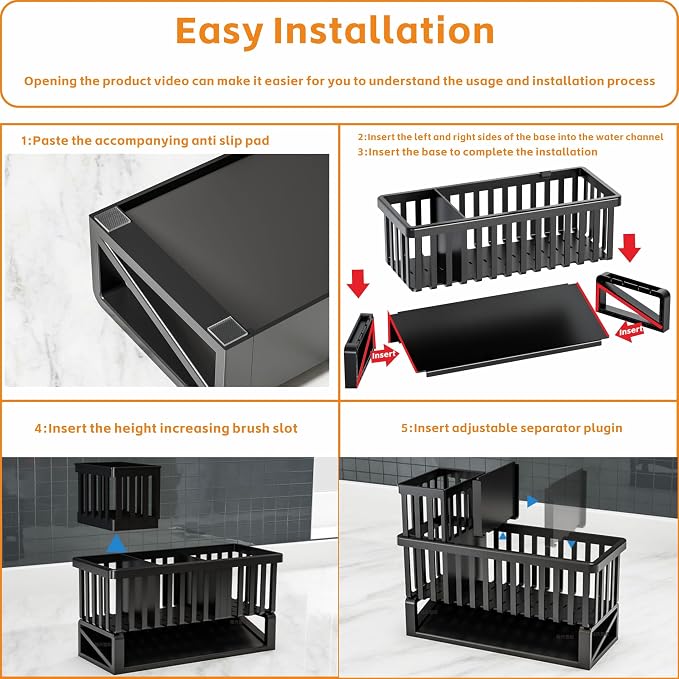 Yieach Rustproof Kitchen Sink Caddy Organizer,Plastic Scrubber,Dish Sponge Holder,Dish Soap Rack & Dispenser,Multifunctional Sponge Drain Rack,Dish Soap Caddy & Storage Organization Accessories,Black