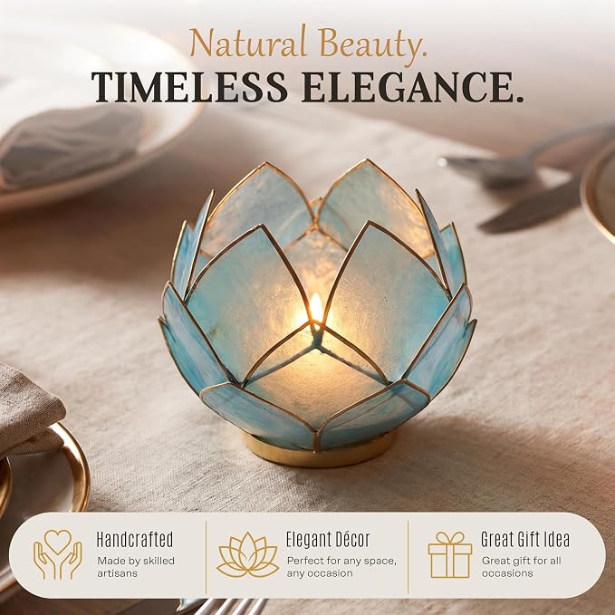 Bowery Hill Handcrafted Capiz Shell Tea Light Holder, Aquamarine Blue, Lotus Flower Design, Translucent Finish, Decorative Candle Holder for Centerpieces, Bathrooms, Meditation Spaces